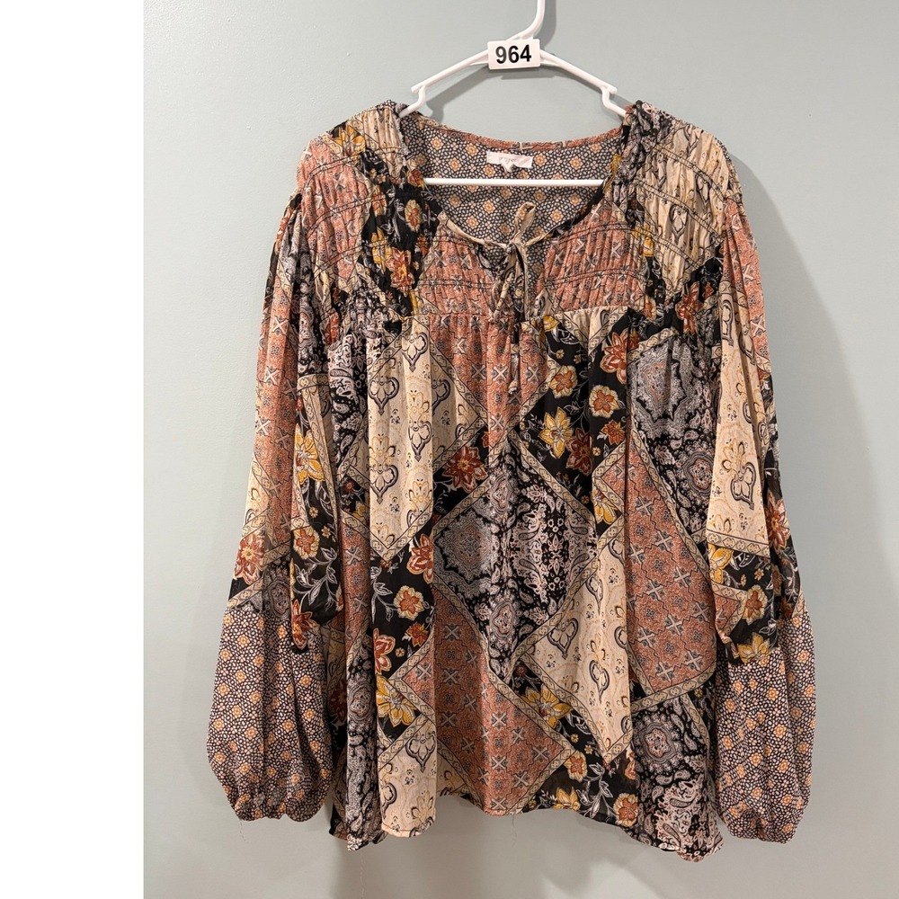 Maurices Womens 4X Patchwork Paisley Floral Smocked Boho Blouse Multi-Color